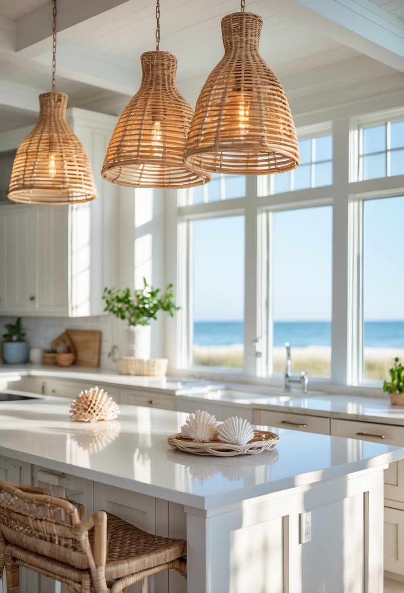 A bright kitchen with rattan pendant lights hanging above a kitchen island and large windows showing an ocean view.