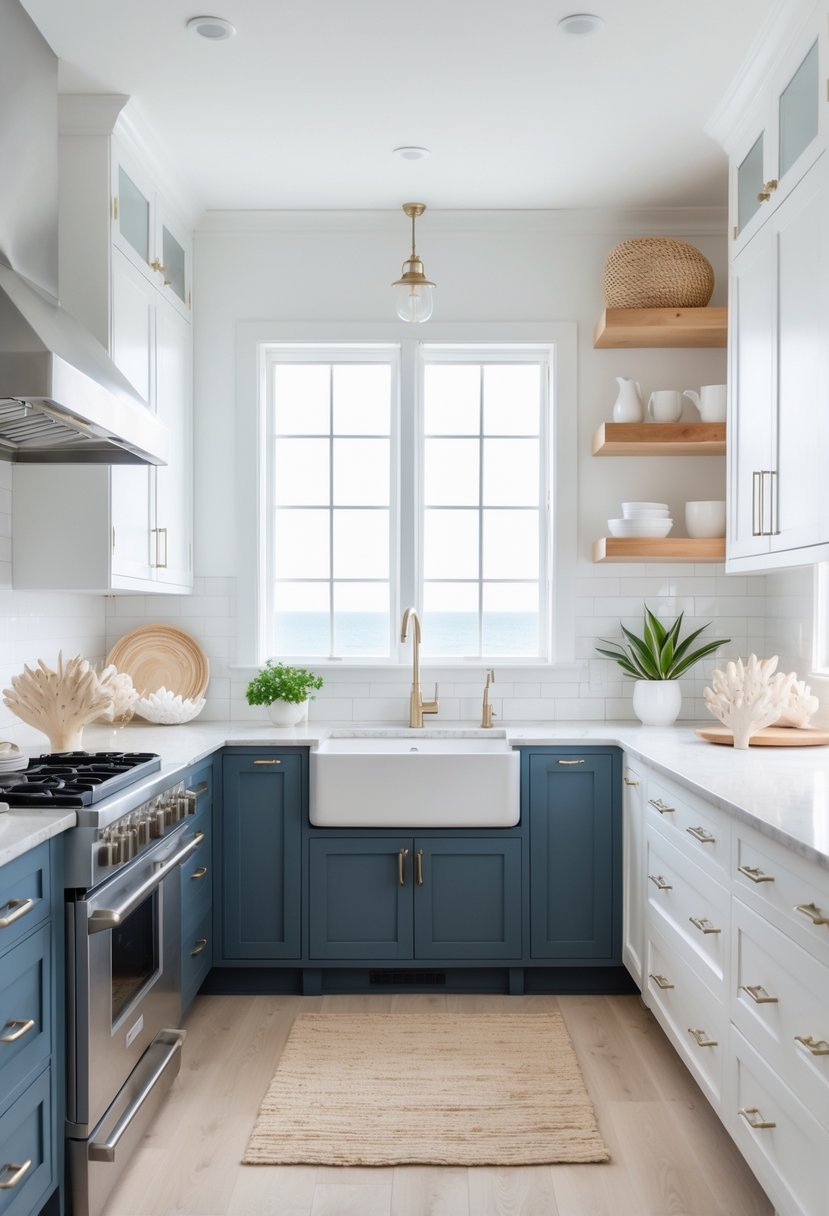 A bright kitchen with two-tone cabinets, featuring navy blue lower cabinets and white upper cabinets, natural light, wooden accents, and coastal decor.