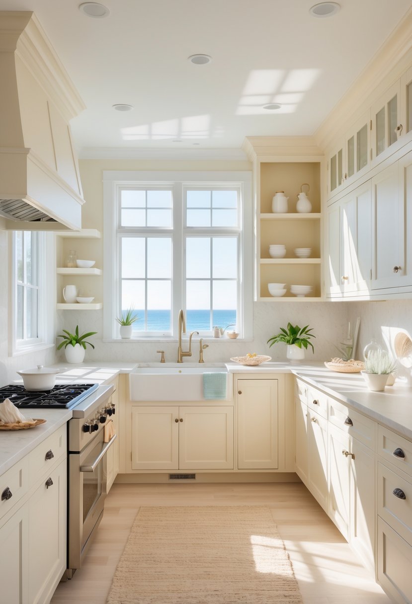 A bright kitchen with warm white cabinets, light countertops, and natural light coming through large windows.