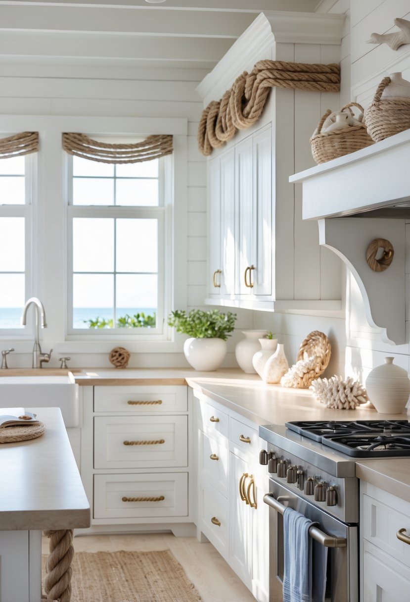 A bright coastal kitchen with white cabinets and nautical rope hardware accents like drawer pulls and curtain tiebacks.
