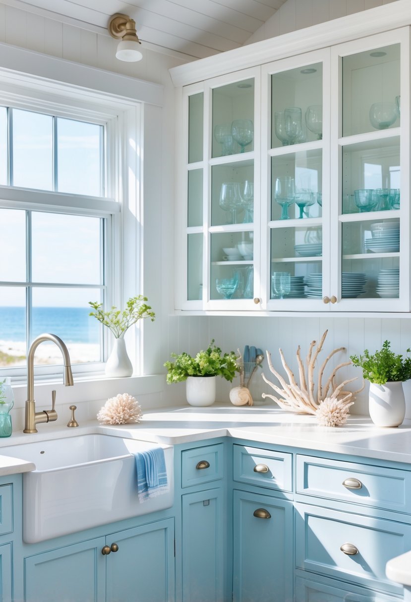 A bright kitchen with glass-front cabinets displaying dishes and glassware, natural light coming through windows, and coastal decor accents.