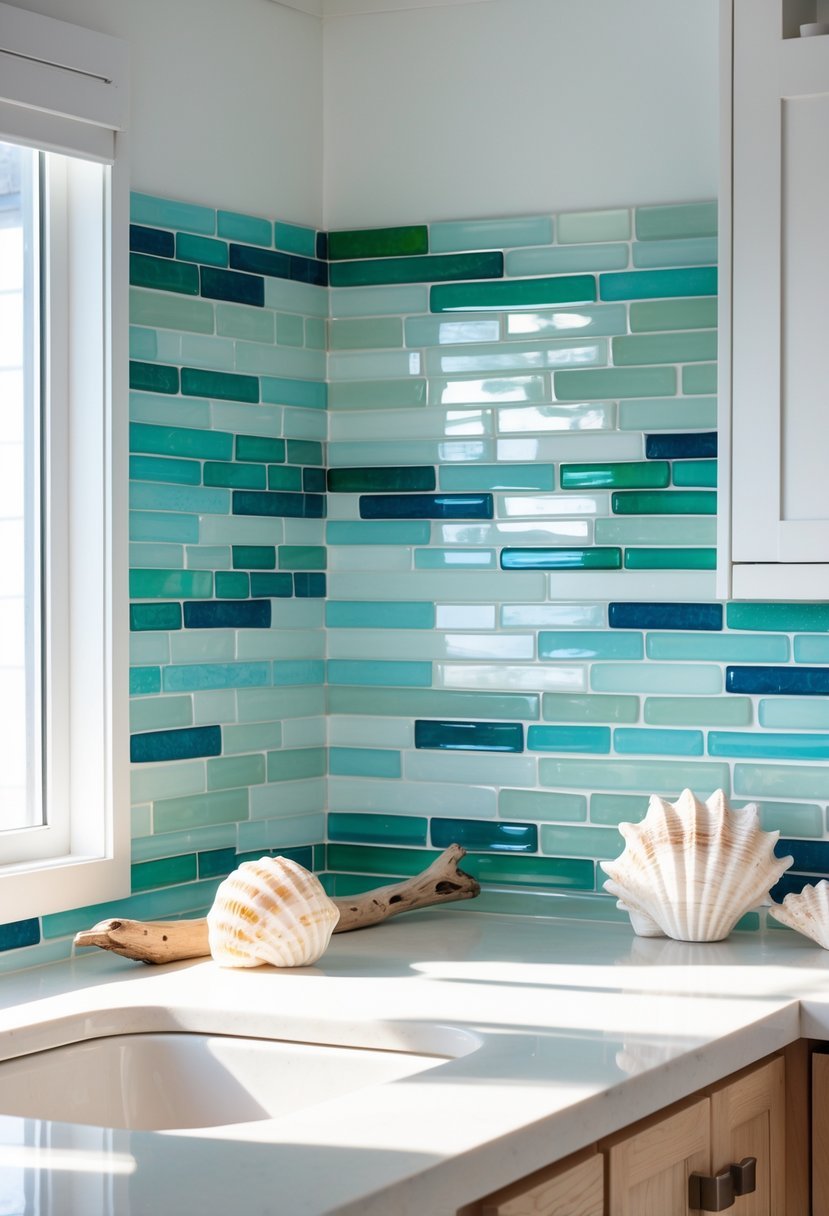 A modern kitchen with a sea glass tile backsplash in shades of blue and green, natural wood countertops, and white cabinets illuminated by sunlight.