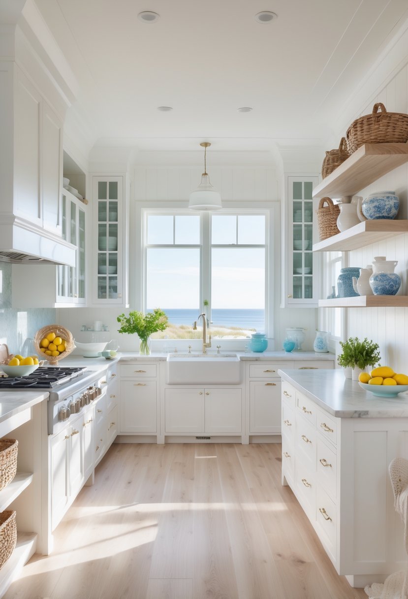 A bright kitchen with light wood floors, white cabinets, a central island, and large windows showing an ocean view.