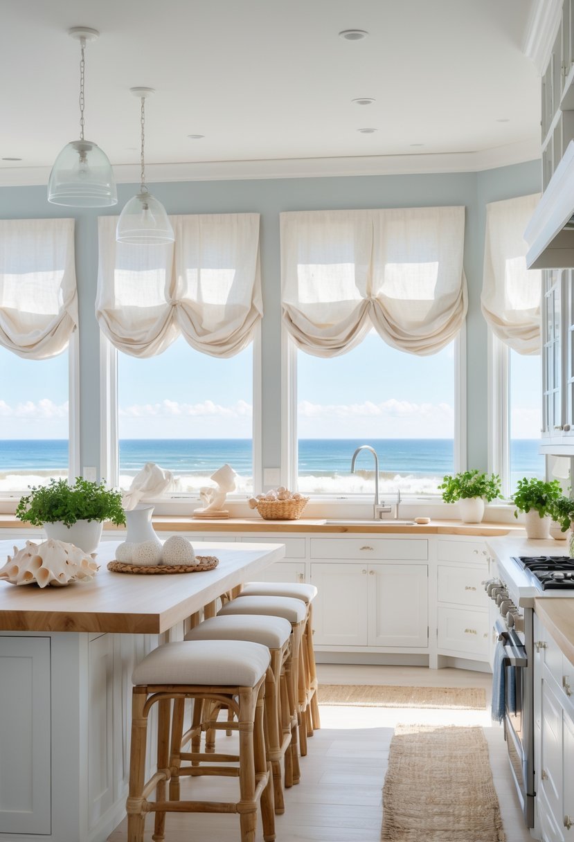 A bright kitchen with large windows covered by light fabric curtains, natural light filling the space, and coastal decor accents.