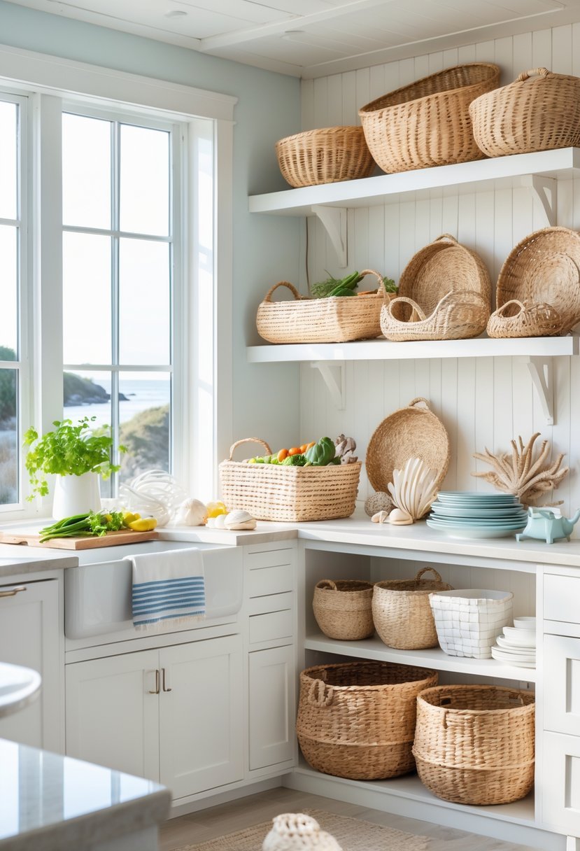 A coastal kitchen with woven baskets used for storage on open shelves and counters, surrounded by natural light and light-colored cabinetry.
