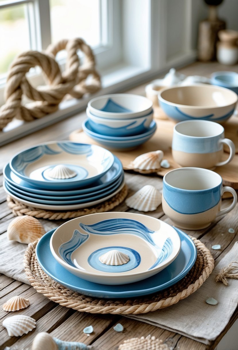 A set of ceramic coastal-themed plates, bowls, and mugs arranged on a wooden kitchen table with natural light and small seashells scattered around.