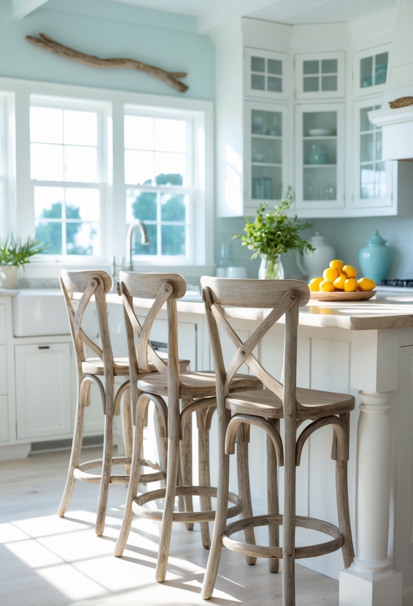 A bright kitchen with weathered wood bar stools lined up along a kitchen island, surrounded by white cabinets and natural light.