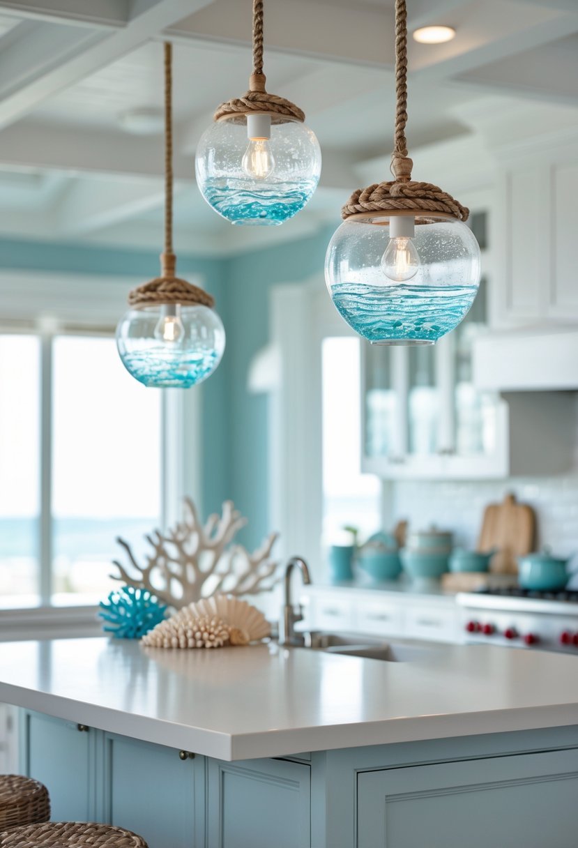 A bright coastal kitchen with marine-inspired pendant lights hanging above a central island.