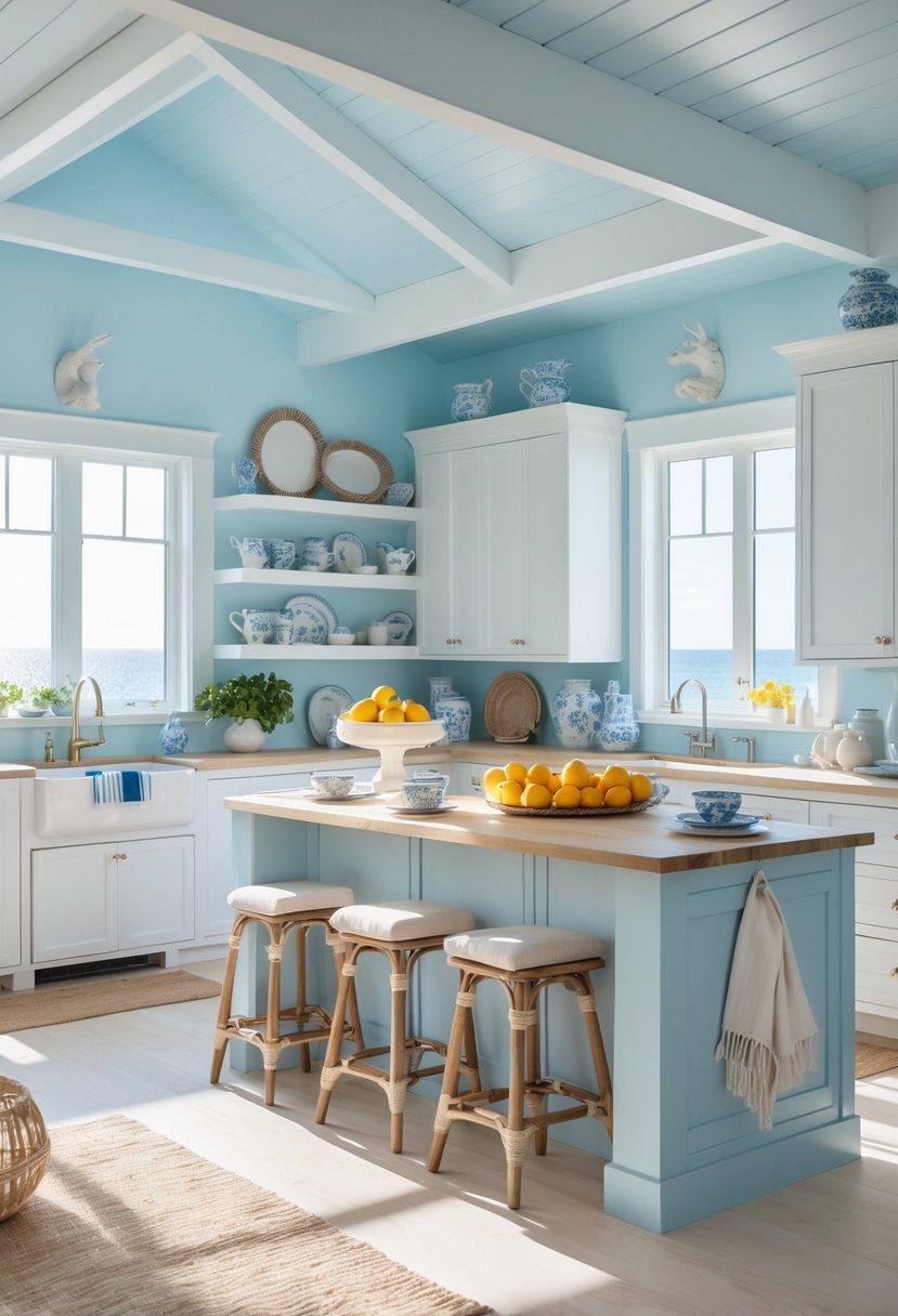 A bright kitchen with light blue walls, white cabinets, a wooden island, and coastal decorations like seashells and driftwood.