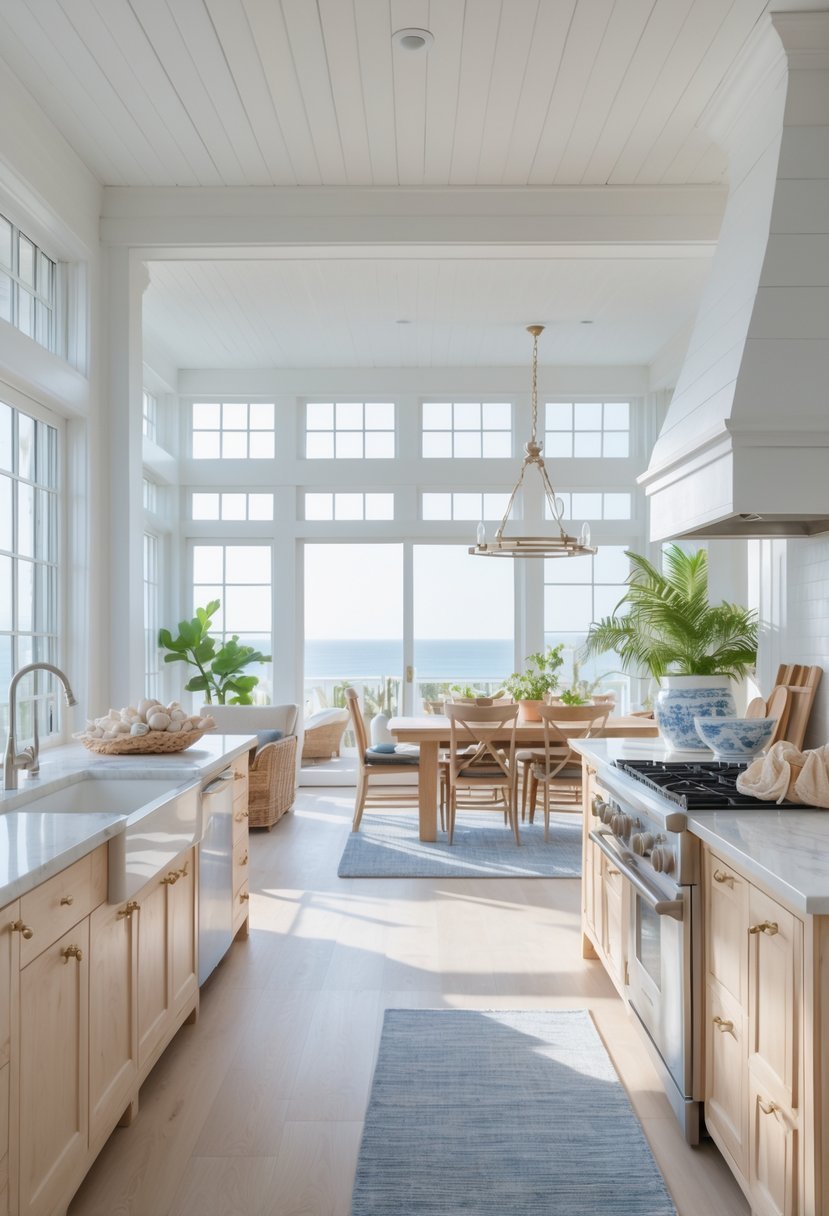 Bright open kitchen with light wood cabinets, white countertops, a large island, and a dining area in the background.