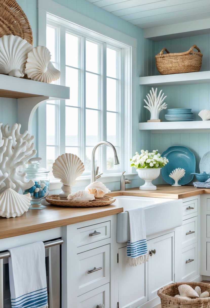 A bright kitchen with shell and coral decorations on shelves and countertops, featuring natural light and coastal-themed elements.