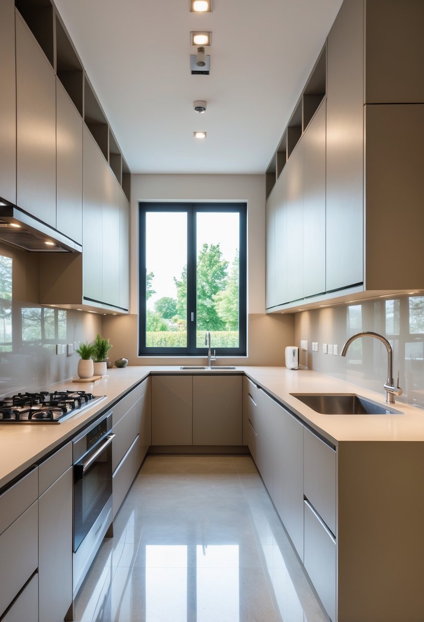 A modern kitchen with a U-shaped layout featuring cabinets, countertops, appliances, and large windows.