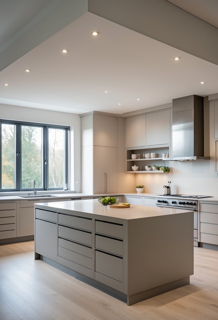 A spacious U-shaped kitchen with a large central island featuring ample storage and workspace, surrounded by cabinets and natural light.