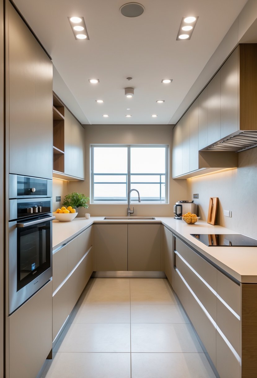 A modern kitchen with a U-shaped layout featuring two parallel walls and a perpendicular third wall, equipped with cabinets, appliances, and a window.