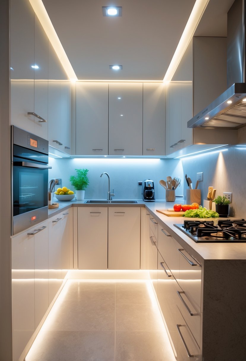 A modern U-shaped kitchen with under-cabinet lighting illuminating the countertops and cooking area.