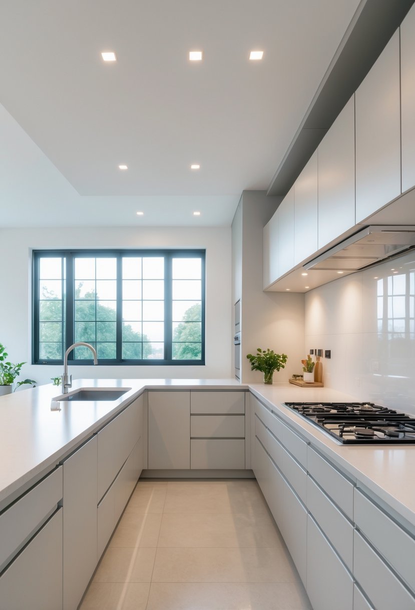 A bright kitchen with U-shaped flat-panel cabinets, a clean countertop, and built-in appliances.