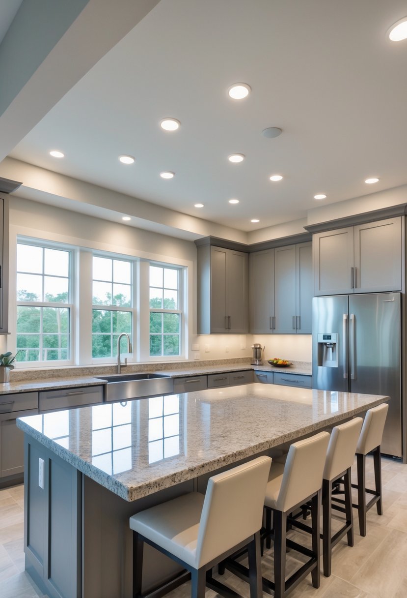 A bright kitchen with a U-shaped layout and a large granite-topped island in the center.