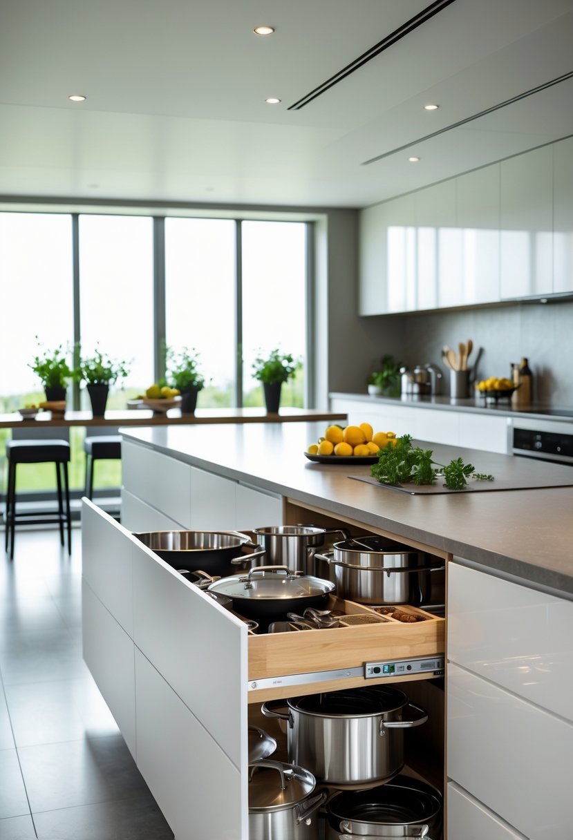 A modern U-shaped kitchen with pull-out drawers open, showing organized kitchen items inside.