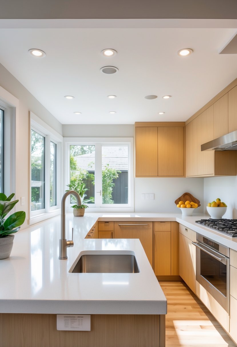 A modern U-shaped kitchen with seamless countertops and an undermount sink, bright natural light, and organized cabinetry.