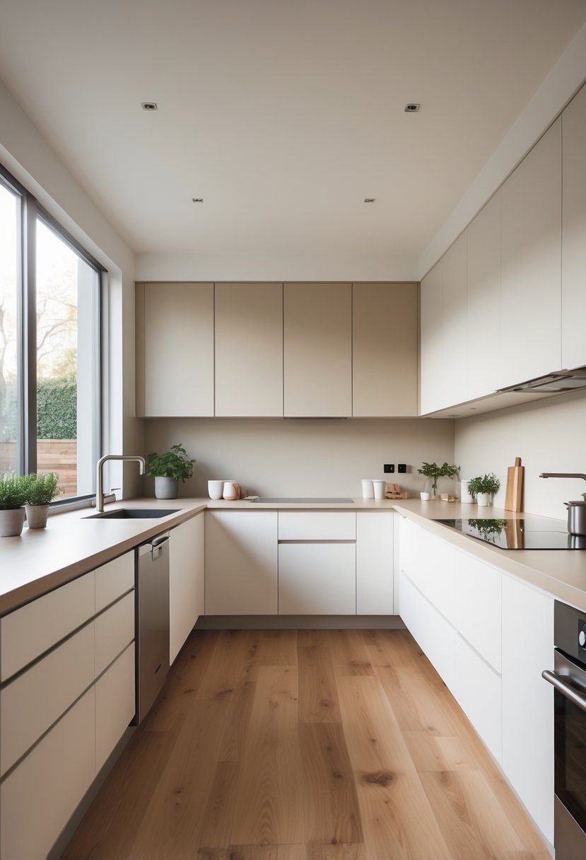 A bright U-shaped kitchen with neutral colors and warm wood floors, featuring modern cabinets, stainless steel appliances, and natural light.