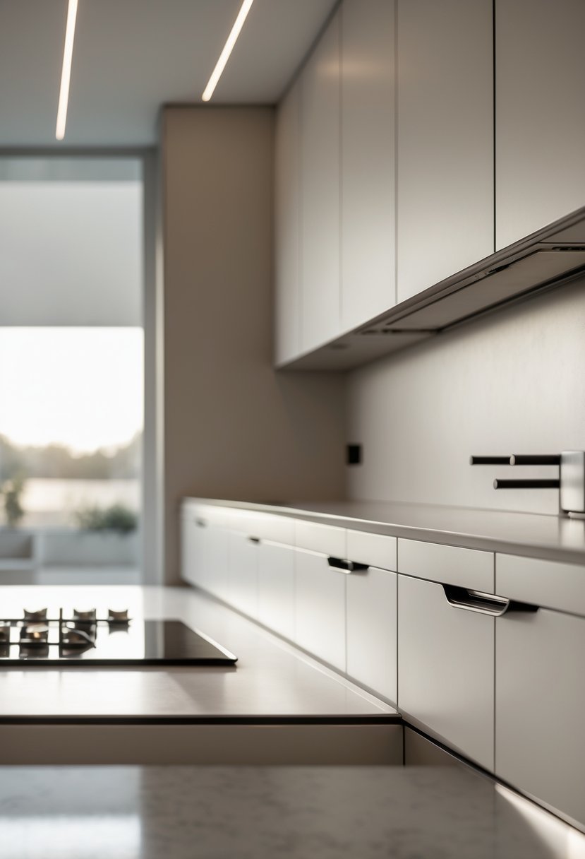 A modern kitchen with a U-shaped layout and recessed pull handles on the cabinets.