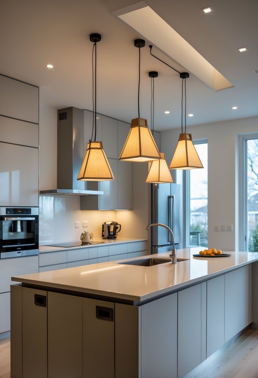 A U-shaped kitchen with a central island illuminated by pendant lights hanging above.