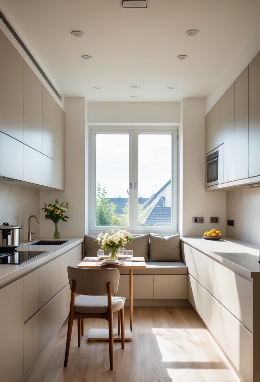 A bright kitchen with a U-shaped layout featuring a small dining nook with a wooden table and chairs in one corner.