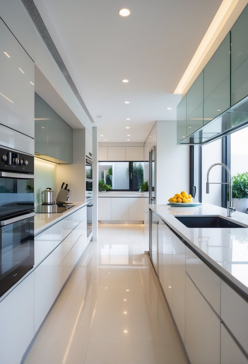 A modern U-shaped kitchen with ceramic and glass splashbacks, polished countertops, and stainless steel appliances.