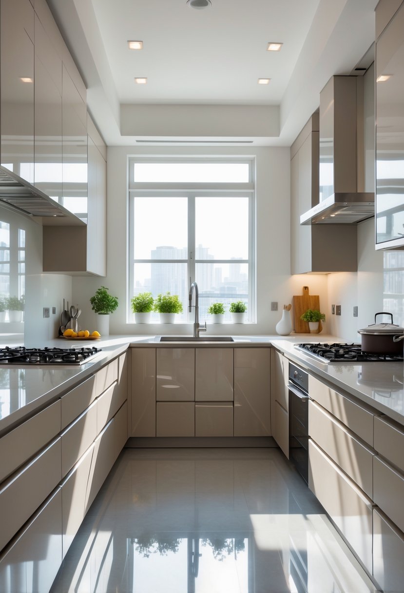 A modern U-shaped kitchen with a stove, refrigerator, and sink arranged in a triangular layout for efficient workflow.