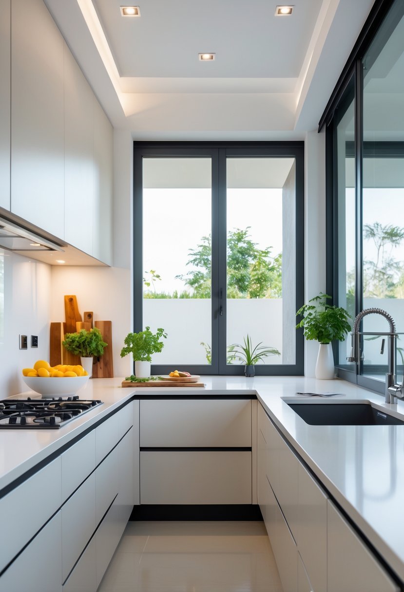 A modern U-shaped kitchen with contrasting colored kickers, clean countertops, and natural light coming through large windows.