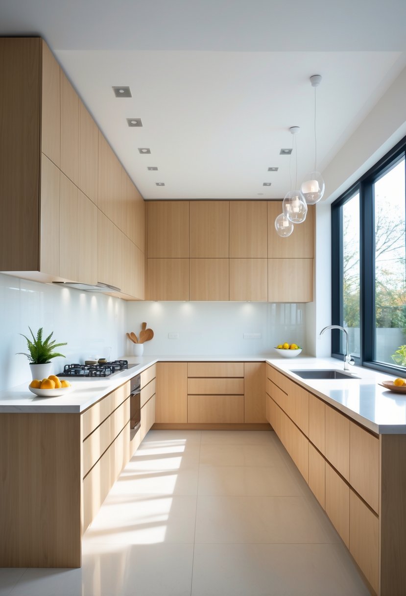 A bright, modern U-shaped kitchen with upper and lower cabinets providing ample storage space around a central cooking area.