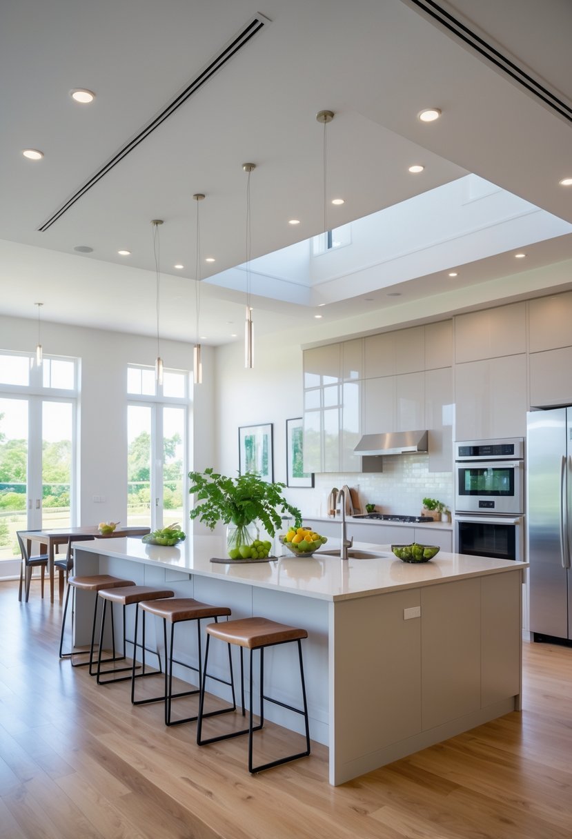 A spacious U-shaped kitchen with a central island, modern appliances, and large windows letting in natural light.