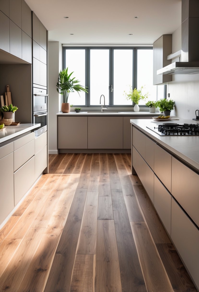 A U-shaped kitchen with medium hardwood floors, cabinets, countertops, and natural light coming through windows.