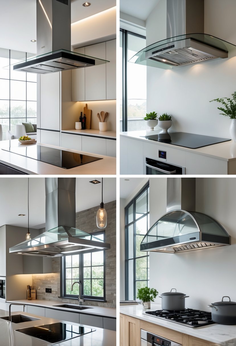 A kitchen interior displaying nineteen different kitchen hood designs installed above stovetops in various modern and rustic kitchen settings.