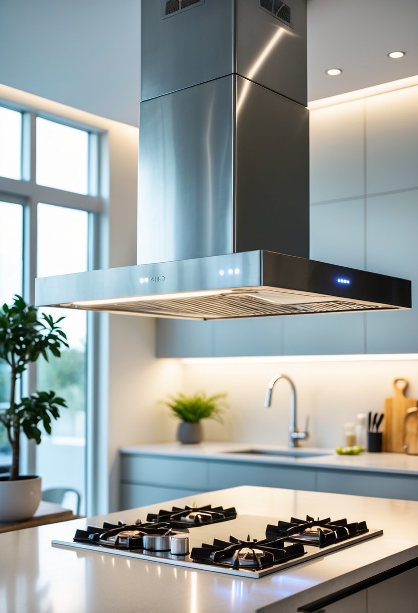 A modern kitchen with a stainless steel chimney hood featuring LED lights above a stovetop.