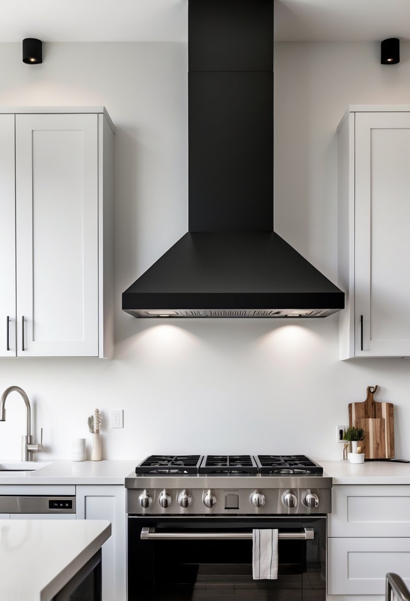 A matte black metal kitchen hood installed above a stove in a clean, modern kitchen.