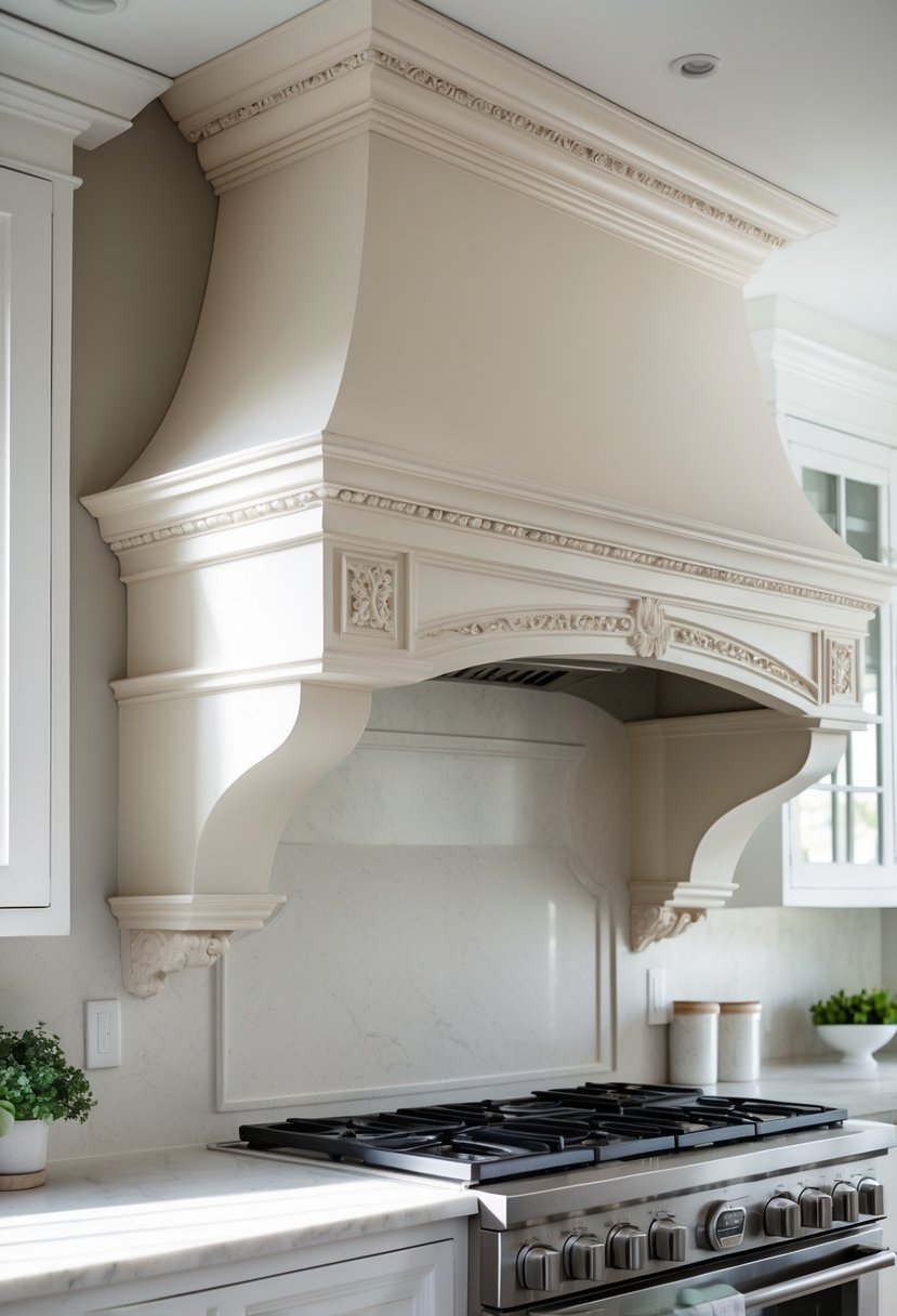 A kitchen featuring a custom plaster hood with decorative molding above a cooking area.