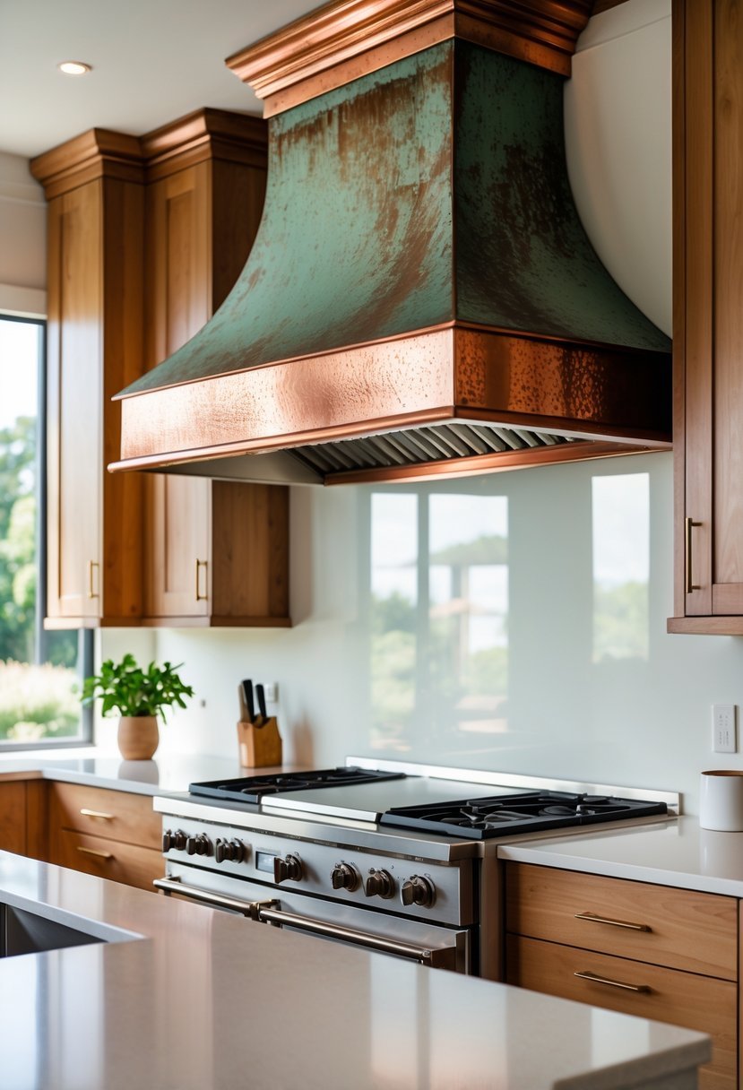 A kitchen with a copper range hood above a stovetop, surrounded by cabinets and a backsplash.