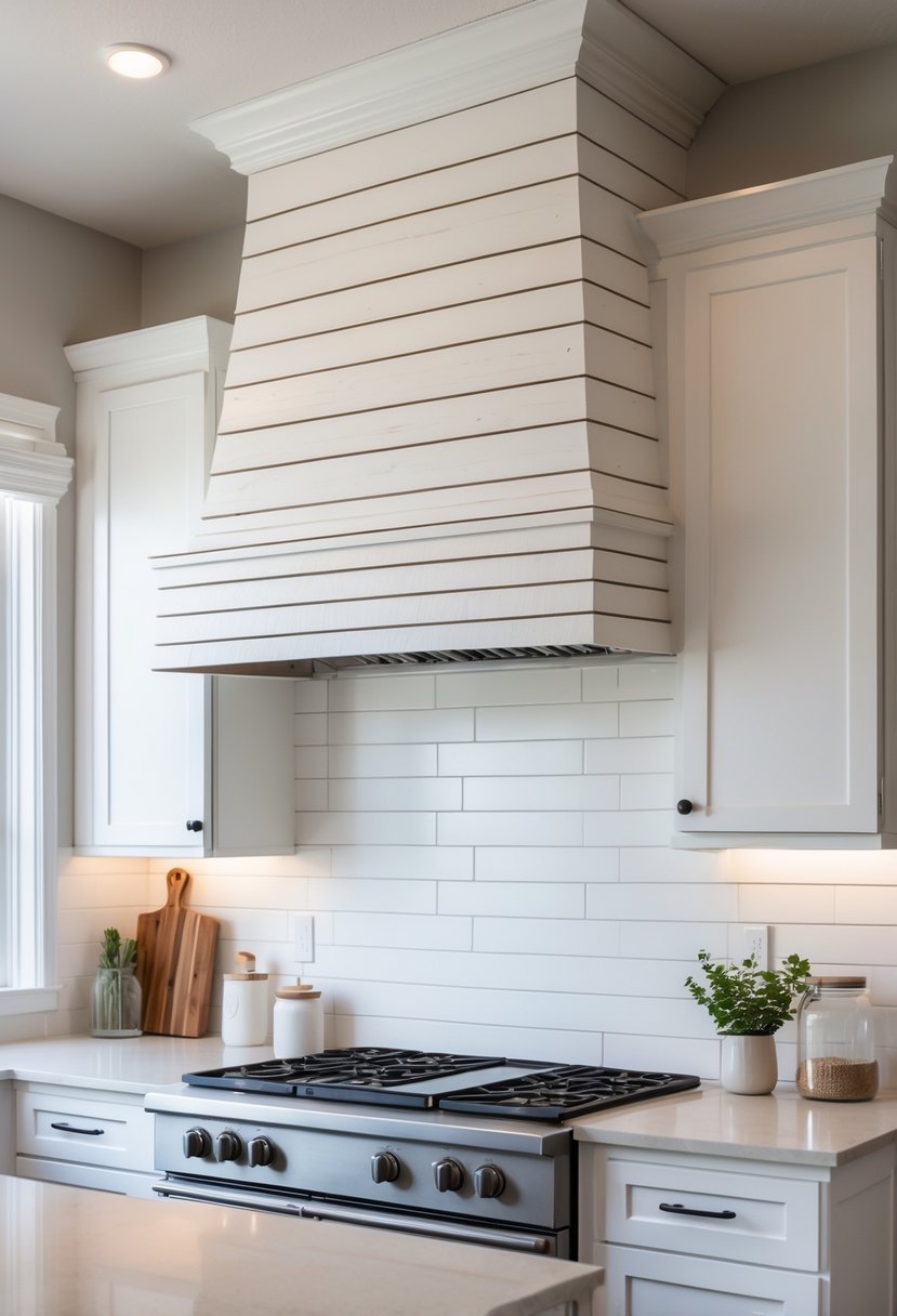 A bright kitchen with a wooden kitchen hood above a stovetop and light cabinets surrounding it.