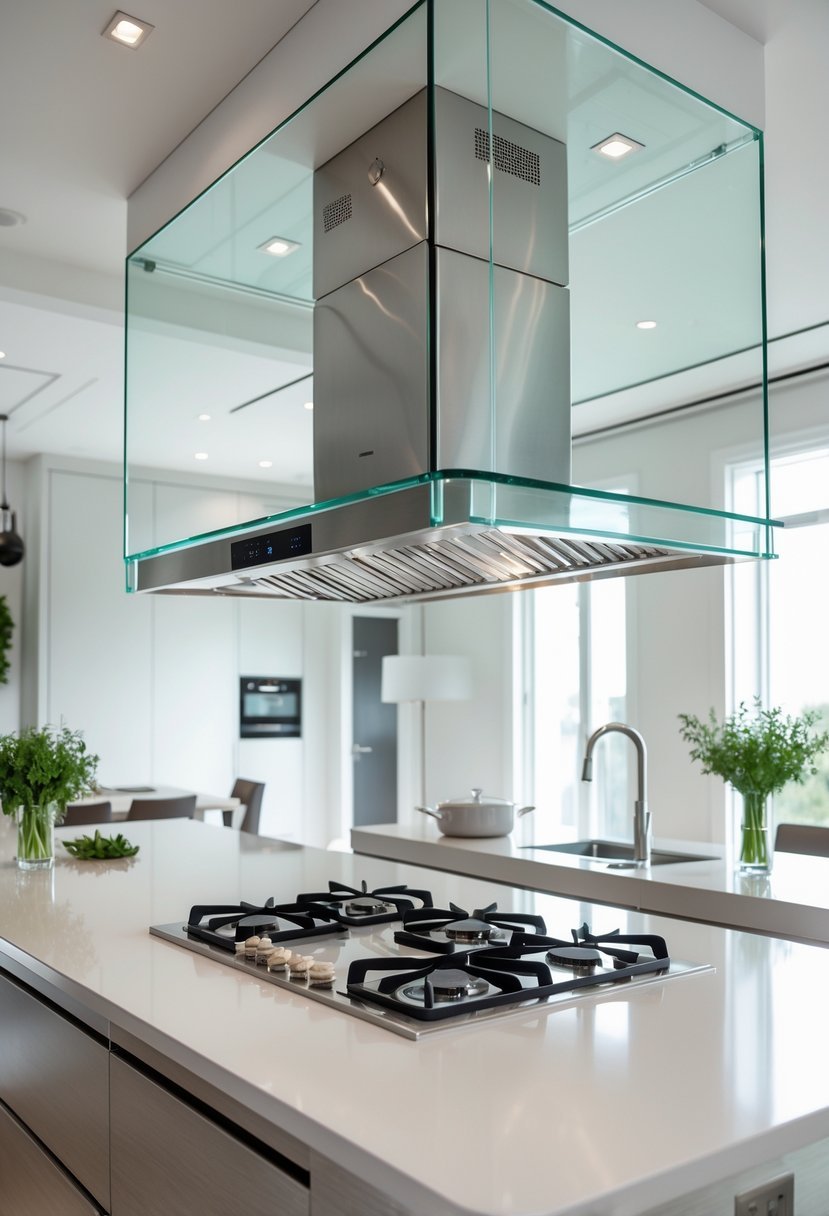 Open kitchen with a sleek glass canopy hood above a cooking island and modern stovetop.