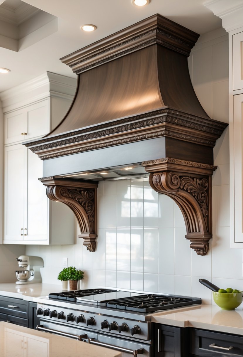 A kitchen with a large decorative hood above the stove and surrounding modern appliances.