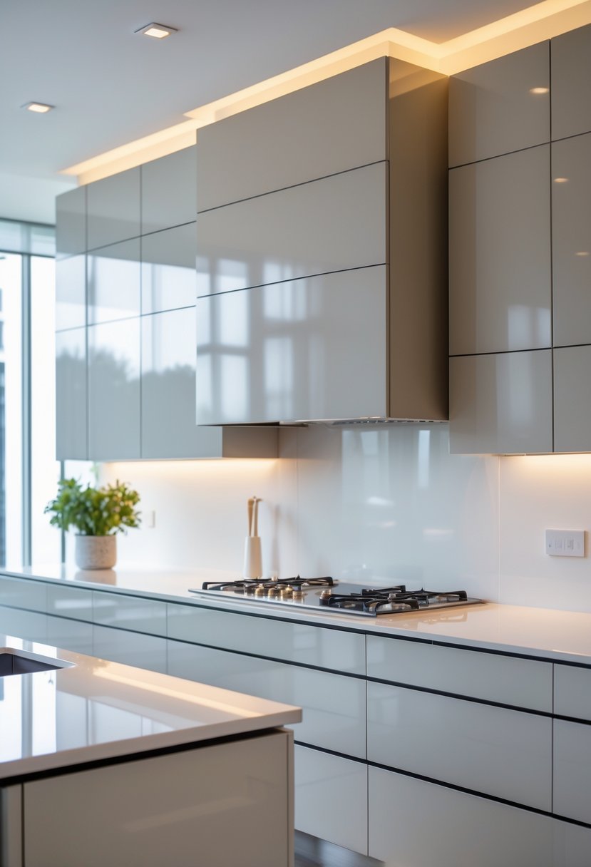 A modern kitchen with a hidden ventilation hood concealed within matching cabinetry above the stove.