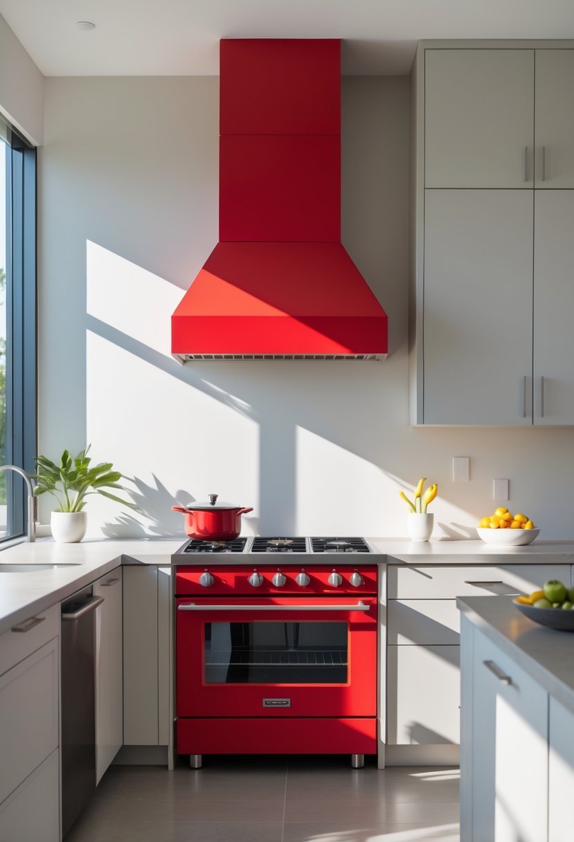 A modern kitchen with a brightly colored kitchen hood above the stove, surrounded by neutral cabinets and countertops.