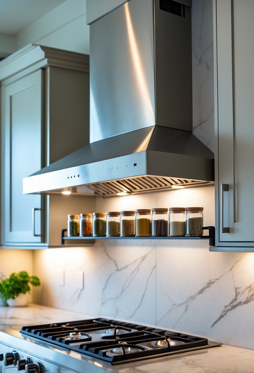 A modern kitchen hood with built-in spice rack shelves holding various spice jars above a stove.