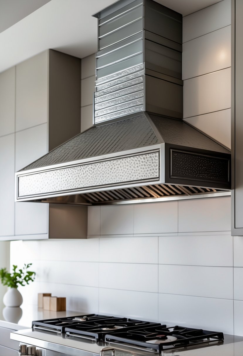 A modern kitchen hood with embossed metallic straps above a stovetop in a clean kitchen.