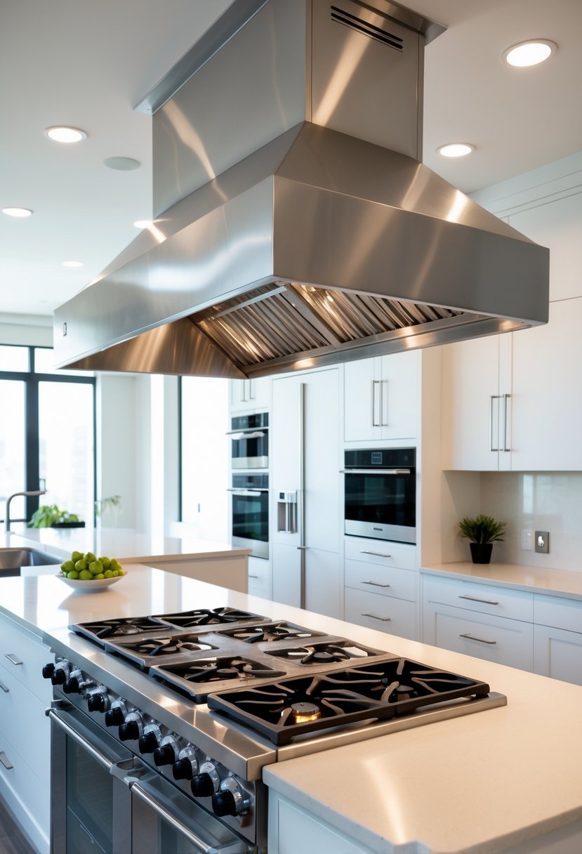 A modern kitchen with a large stainless steel hood above a wide commercial cooktop.