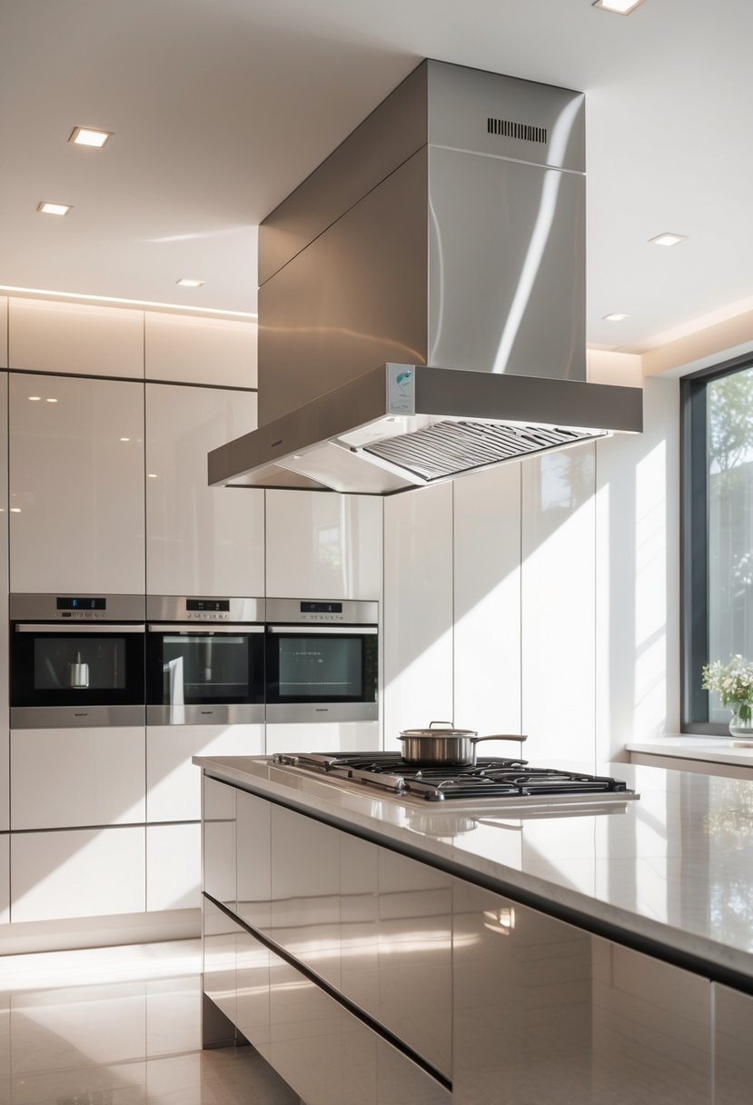 A modern kitchen with a recessed hood flush with the ceiling above a cooking area.