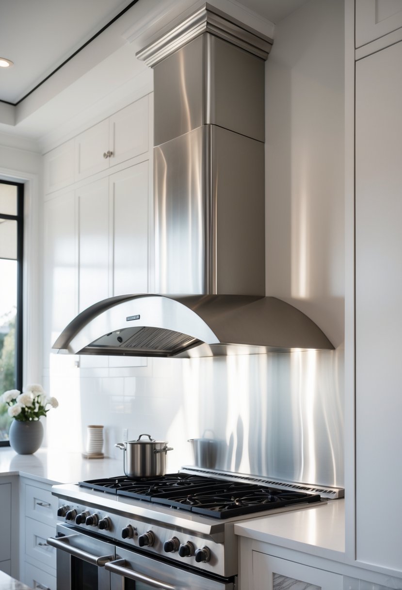 A modern kitchen with a curved stainless steel hood and chimney flare above a stovetop.