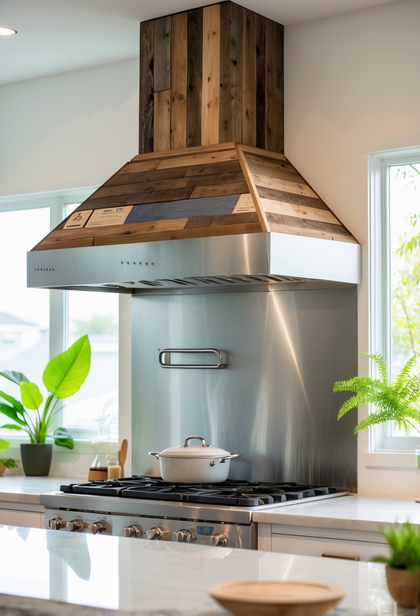 A modern kitchen hood made from recycled materials installed above a stove in a bright kitchen with plants.