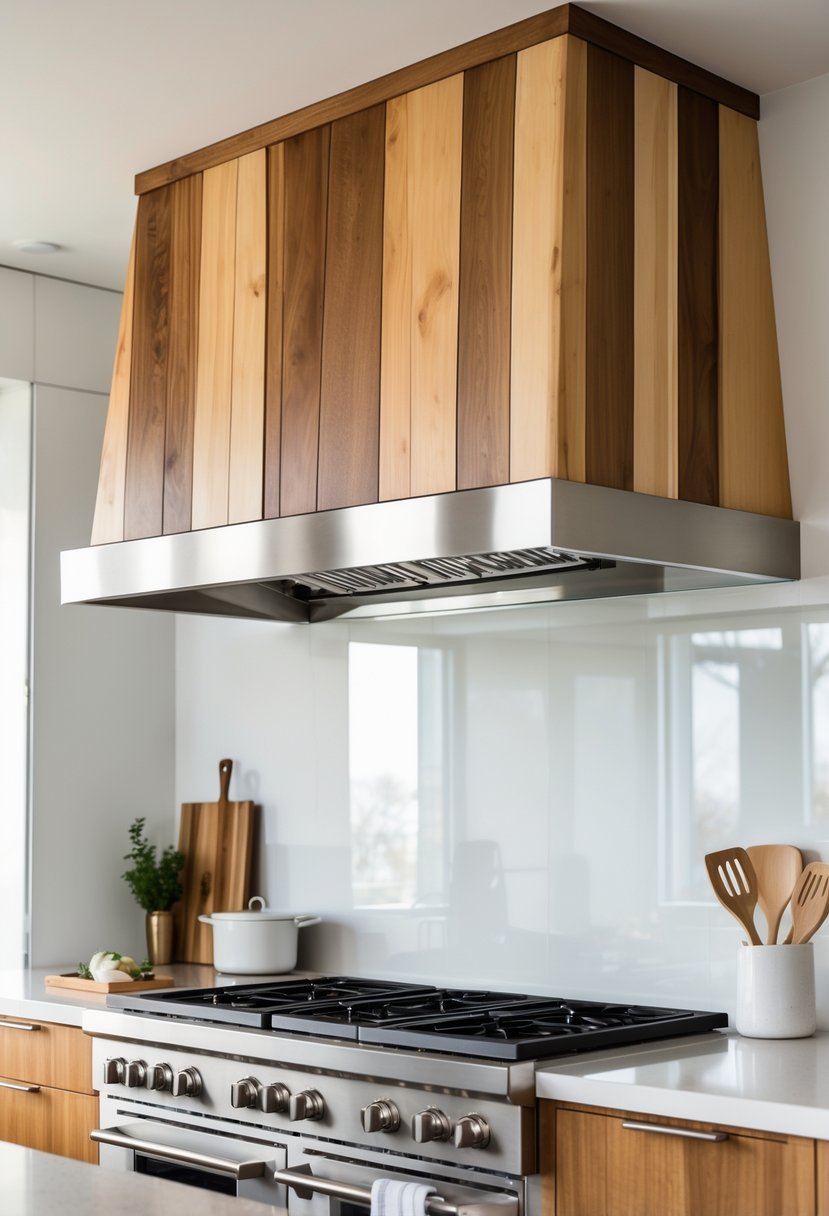 A modern kitchen with a two-tone range hood made of wood and metal above a stovetop.